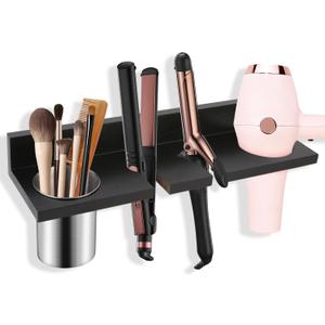 Hair Tool Organizer for Bathroom  Wall Mounted Hair Dryer Holder with Heat-Resistant Cups, Curling Iron & Straightener Rack, Blow Dryer Organizer for Vanity or Wall (Black)