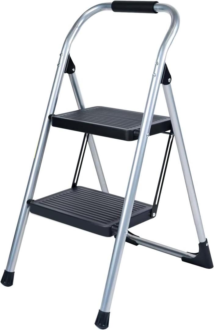2 Step Ladder for Kitchen Step Stool, Lightweight Folding Step Stool with Curved Safety Handrail, Auto-Lock Mechanism & Non-Slip Wide Pedals, Slim&Foldable for Home Indoor（Sliver）