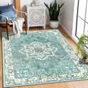 35 Boho Area Rugs,Machine Washable Neutral Vintage Carpet for Living Room,Office,Bedroom,Dining Room and Farmhouse with Non Slip Backing,Teal Green