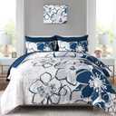 Anibedding Navy Floral Comforter Set King Size 7 Piece, Blue Flower Bed in a Bag, Elegant Botanical Floral Comforter Soft Microfiber Complete Bedding Set for All Season, (Navy Blue, 104"x90")