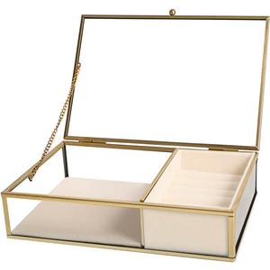 Ylu Yni Glass Jewelry Box for Women, with Velvet Tray and Trinket Organizer inside, Clear Display Case for Earring, Ring, Necklace (Creamy White)