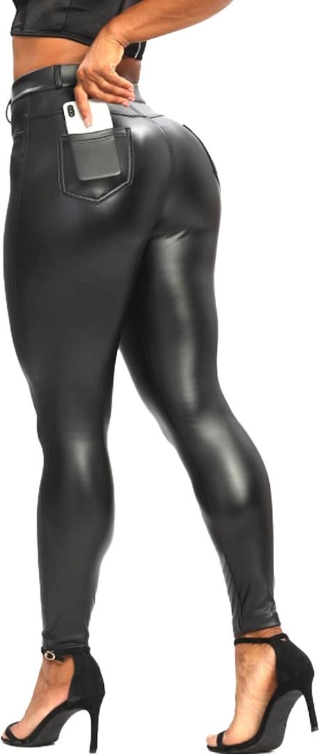 FITTOO Faux Leather Leggings for Women Fleece Lined Pleather Pants with Pockets (XXL)
