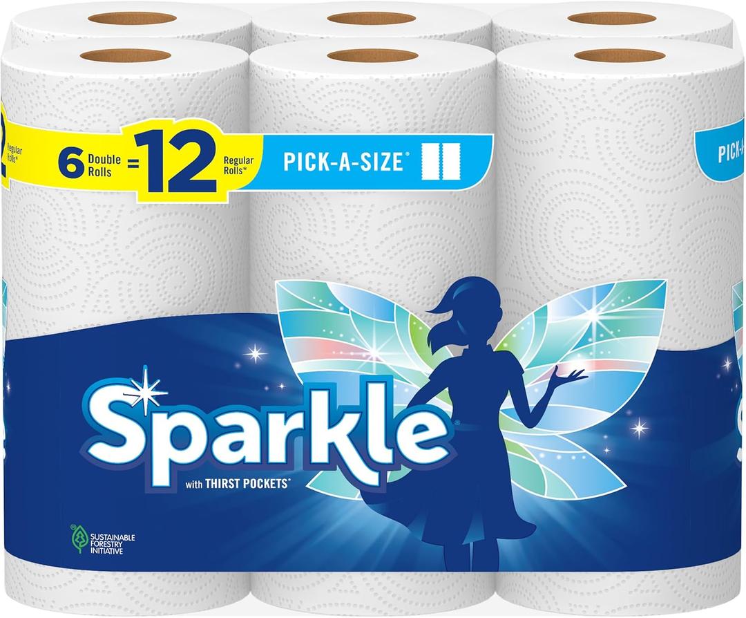 Sparkle Pick-A-Size Paper Towels, 6 Double Rolls (660 Sheets Total) - Strong 2-Ply Towels for Kitchen Cleanup and Everyday Messes