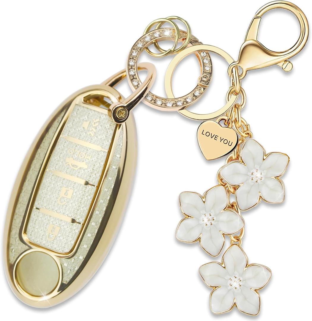 White TPU Key Fob Cover with Sakura Flower Keychain Compatible with Nissan Altima Murano Sentra Rogue Pathfinder Armada Leaf Titan Maxima Kicks Versa 370Z 4-Button Smart Key for Women