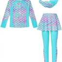 Girls Long Sleeve Rashguard Half Zip Swimsuits UPF 50 Two Piece Swim Sets with Hairband 11-12y, Mermaid