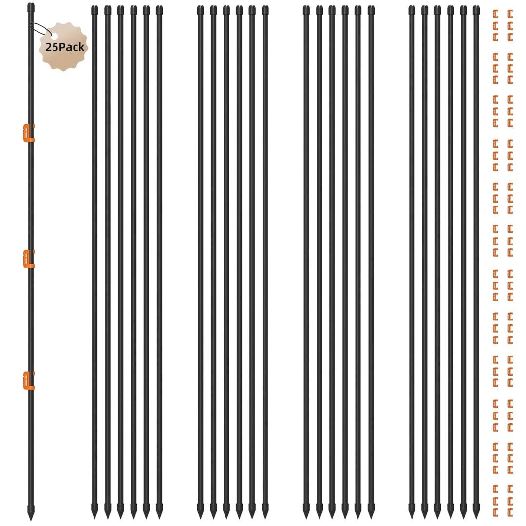 25Pcs 46in Electric Fence Posts Kit w/ 75 Insulators,Garden Fence StakesElectric fence stakes Ideal for chicken,cow, heep,goats,deer,horses,and small animals—gardens,yards,grazing,seasonal use