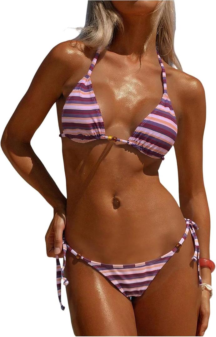 GORGLITTER Women's Striped String Halter Bikini Sets Triangle Beaded Thong Cheeky Swimsuits Cute Resort Bathing Suit (L)