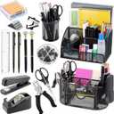 17 in 1 Black Desk Organizers and Accessories Set, 3 Office Desk Supplies Storage Organization, 4 Pens, Stapler, Staples & Remover, Tape & Dispenser, Scissors, Ruler, Clips, Hole Punch, Back to School