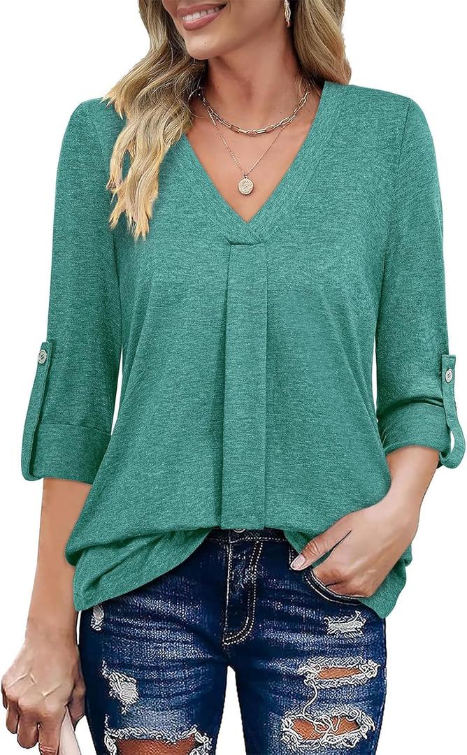Bulotus Womens 3/4 Sleeve Tops and Blouses, V Neck Tunic Tops to Wear with Leggings Elegant Fall Blouses for Women Business Casual Trendy V Neck Work Shirts for Office Professional Tops, Cyan, Size: XL