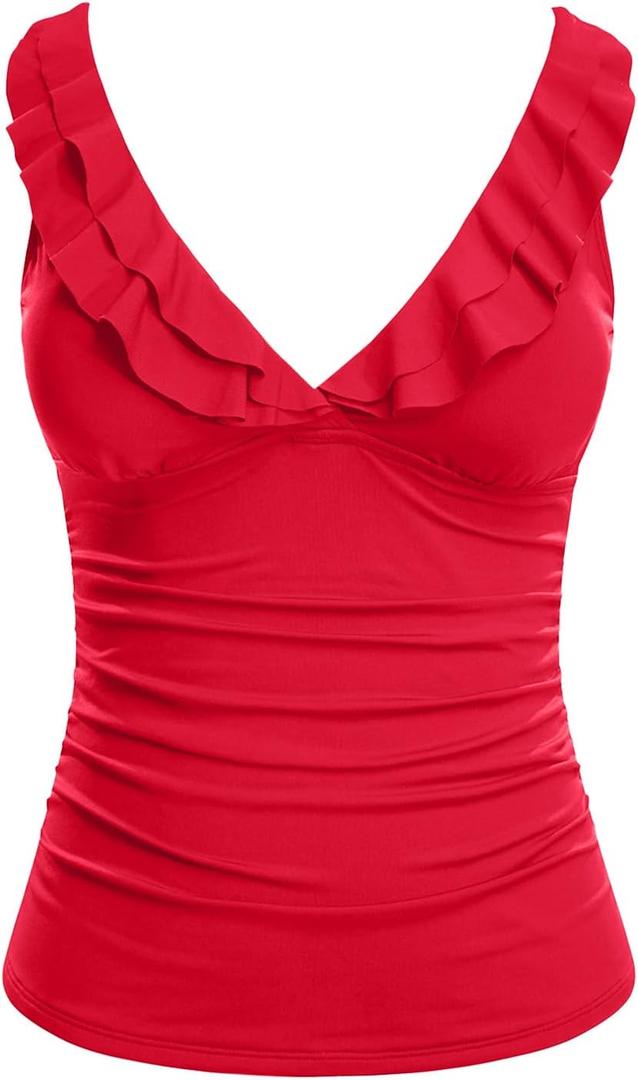 Yonique Women's Tankini Top Only Tummy Control Bathing Suit Top Ruffle Swimsuit Top V Neck Swim Tank Top No Bottom (Medium, Red)