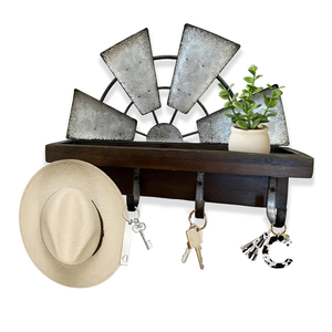 Windmill Key Holder Wall Mount, Decorative Wall Mounted Key and Mail Rack with Shelf, Farmhouse Wall Decor, 4 Rustic Key Hooks for Coats & Keys, Brown Key Holder