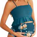 Summer Mae Maternity High Waist Swimsuit Ruffle Hem Bikini Bathing Suit Shirred Bandeau Two Piece Pregnancy Swimwear (Small, Green Flower)