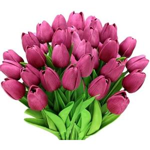 Pseutio 28pcs Hot Pink Flowers Artificial Tulip Stems Real Feel PU Tulips for Easter Spring Wreath Wedding Bouquet Centerpiece Floral Arrangement Cemetery Table Décor 13" Tall