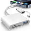 SD Card Reader for iPhone iPad Built-in Lightening & USB-C Dual Connectors Card Adapter with SD MicroSD USB-A 3 Slots Trail Camera Memory Card Viewer, Portable No App Required Plug and Play (White)