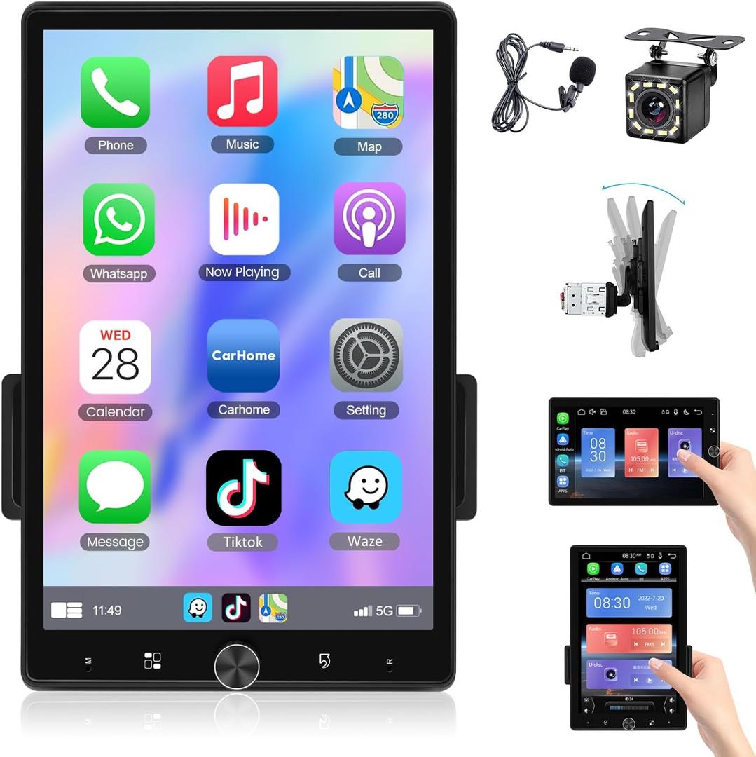 Single Din RadioWireless Carplay Car Stereo Android Auto-10.4 Inch Single Din Touchscreen Radio with Bluetooth Mirror Link Backup Camera/USB/AUX Input/EQ/FM/SW/DSP/Voice Control Manual Screen METEESER