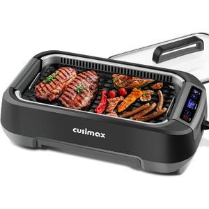 CUSIMAX Electric Indoor Grill, 1500W Smokeless Korean BBQ Grill with Smart LED Display & Tempered Glass Lid, Removable Non-stick Plate, Turbo Smoke Extractor, Black
