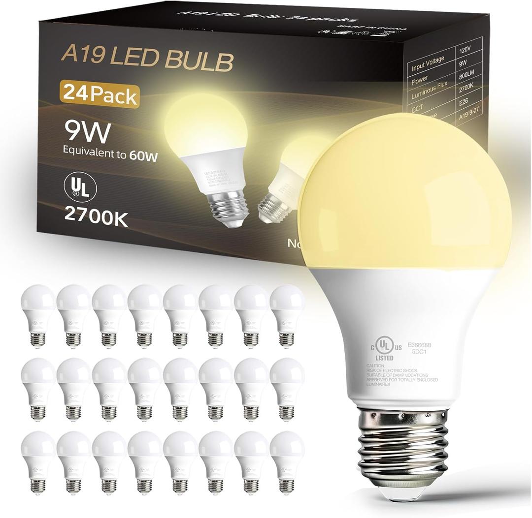 dalattin 24 Pack LED Light Bulbs Soft White 2700K, 60 Watt Equivalent A19 Standard Bulbs, E26 Base, 800 LM, Efficient 9W Energy Saving, Non-Dimmable, 80+ CRI,120V, UL Listed, for Living Room, Office