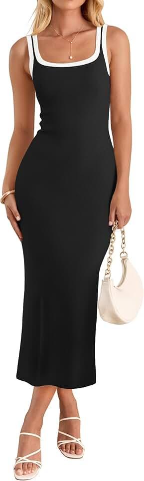 ZESICA Women's 2026 Summer Bodycon Midi Dress Casual Sleeveless Square Neck Side Slit Knit Beach Vacation Long Dresses, Large
