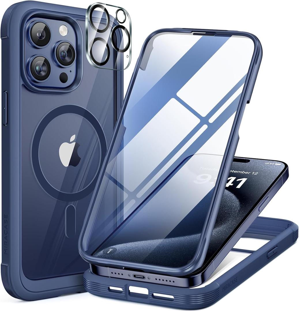 Miracase Magnetic for iPhone 12 Pro Max Case [Compatible with MagSafe] Full-Body Phone case with Built-in Glass Screen Protector& Camera Protector, Military Drop Proof 12 Pro Max Cover, Blue