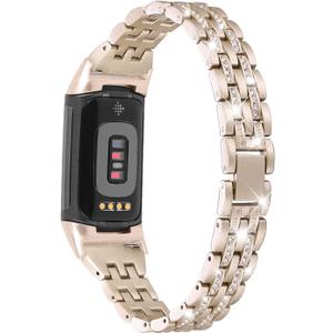 Bling Bands Compatible with Fitbit Charge 6/Charge 5, Metal Bracelet Luxurious Rhinestone Replacement Wristband for Women, Silver Black Gold