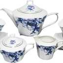 Porlien Blue Floral 17-piece Tea Set for 6, Teacups and saucers with Teapot, Milk Pitcher and Sugar Bowl