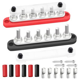 250A Bus Bar 12V Marine 6 x 5/16" (M8) Terminal Studs 12V-48V Power Distribution Block with Cover,with 6PCS Battery Lugs and 6PCS Heat Shrink Tubing Busbar for Boat Automotive Car