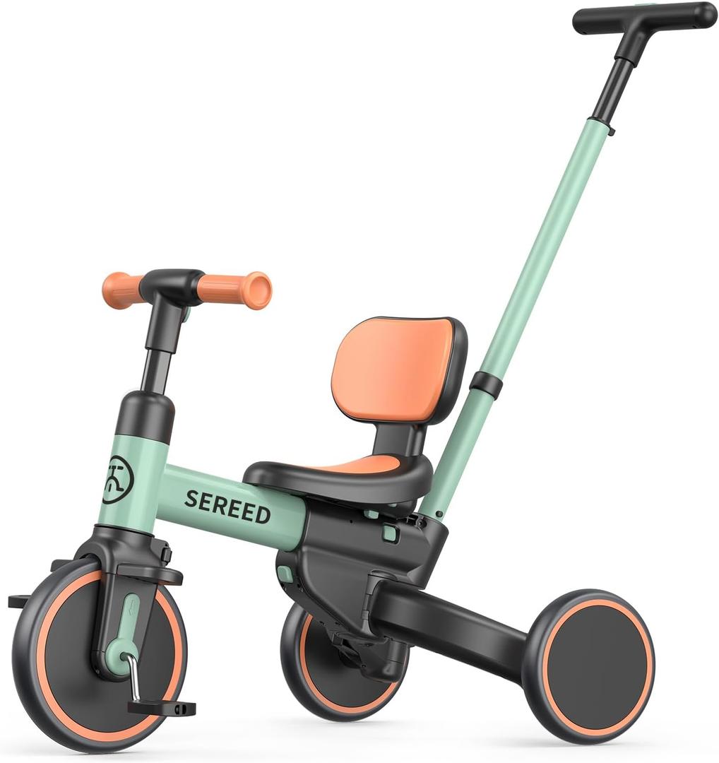 SEREED 5-in-1 Push Tricycle for Toddlers 1-4, Toddler Bike, Birthday Gift | Easy Assembly, Parent Agile Steering Push Handle, Adjustable Seat&Handlebar, Birthday Gift Toy for Boy Girl Ages 1+, Green