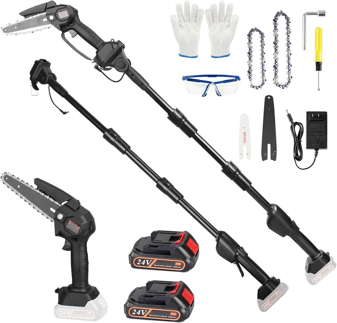 2-in-1 Cordless Pole Saw, Cordless Chain Saw, 33Ft/s Battery Pole Saw with 2Pcs 1500mAh Batteries 4in/6in Chains, 13ft Reach Electric PoleSaw, Comes with 3 extension rods, for Tree Trimming