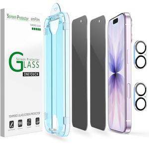 amFilm OneTouch Privacy Screen Protector for iPhone 17 6.3'' + Camera Lens Protector | Auto-Alignment install | Bubble Free | 9H Tempered Glass | Shatterproof | Anti Privacy | Case Friendly 2+2 Pack