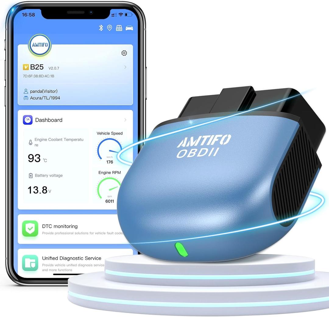 OBD2 Scanner Reader Bluetooth Wireless: Smart 1s Auto-Connect Clear Error Code Live Data Reset Diagnostic Tool for iPhone/Android Vehicle Voltage/Performance/Speed/Fuel Test AMTIFO B25