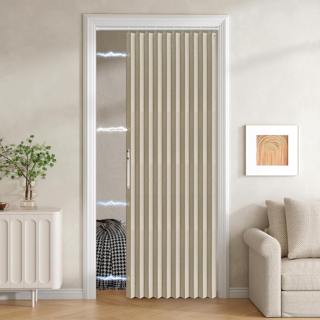 Jilron Accordion Door Curtain Set - 100% Blackout, with Curtain Rod Included, for Bedroom Privacy Protection (Beige-53 W x 78" L+Rod)