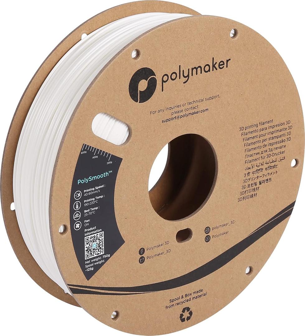 Polymaker PolySmooth PVB Filament 1.75mm 0.75kg White - Print Like PLA Filament, Easy Smoothable Post Process with IPA Alcohol, Work with Polysher