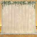 10ft x 7ft Ivory Chiffon Backdrop Curtain with Lights String for Parites Wedding Wrinkle Free Curtain Photo Backdrops Drapes for Baby Shower Birthday Party Home Decorations
