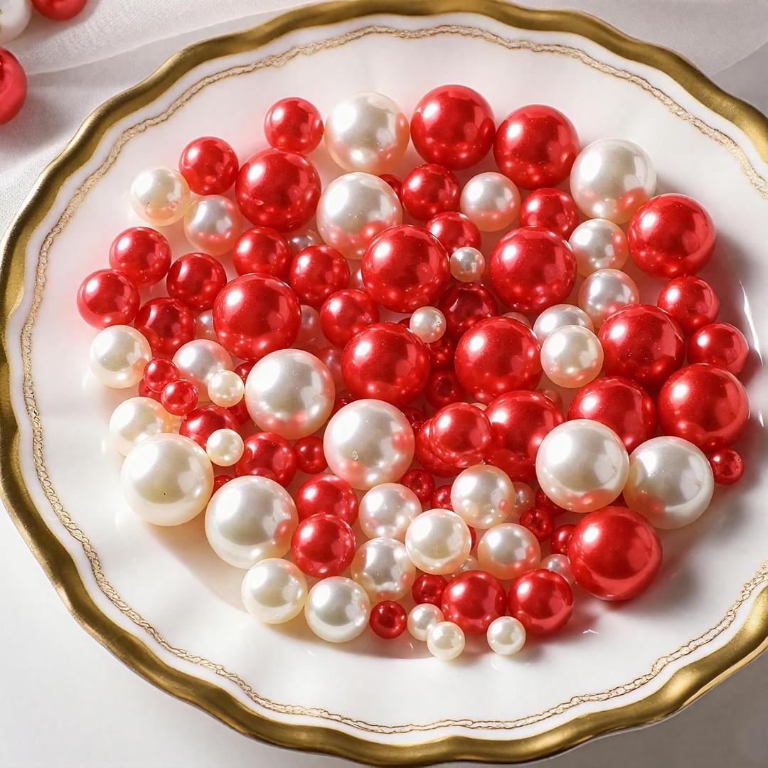 150 Pcs Vase Filler Pearls White and Red Pearl Beads for Vase No Hole Pearls for Centerpieces Vases Home Table Party Decor Wedding DIY 8/14/20mm