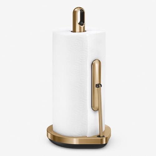simplehuman Tension Arm Standing Paper Towel Holder, Heavy-Duty, Easy One-Handed Tear, Kitchen Countertop, Brass Stainless Steel