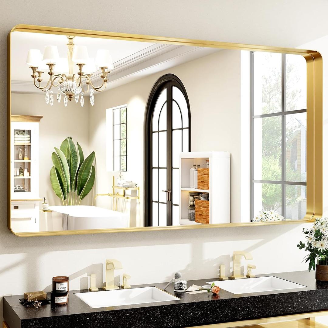 48 x 30 Inch Gold Bathroom Mirror, Rectangular Wall Mounted Shatterproof Mirror, Aluminum Alloy Frame with Rounded Corners, Horizontal or Vertical for Farmhouse Decor