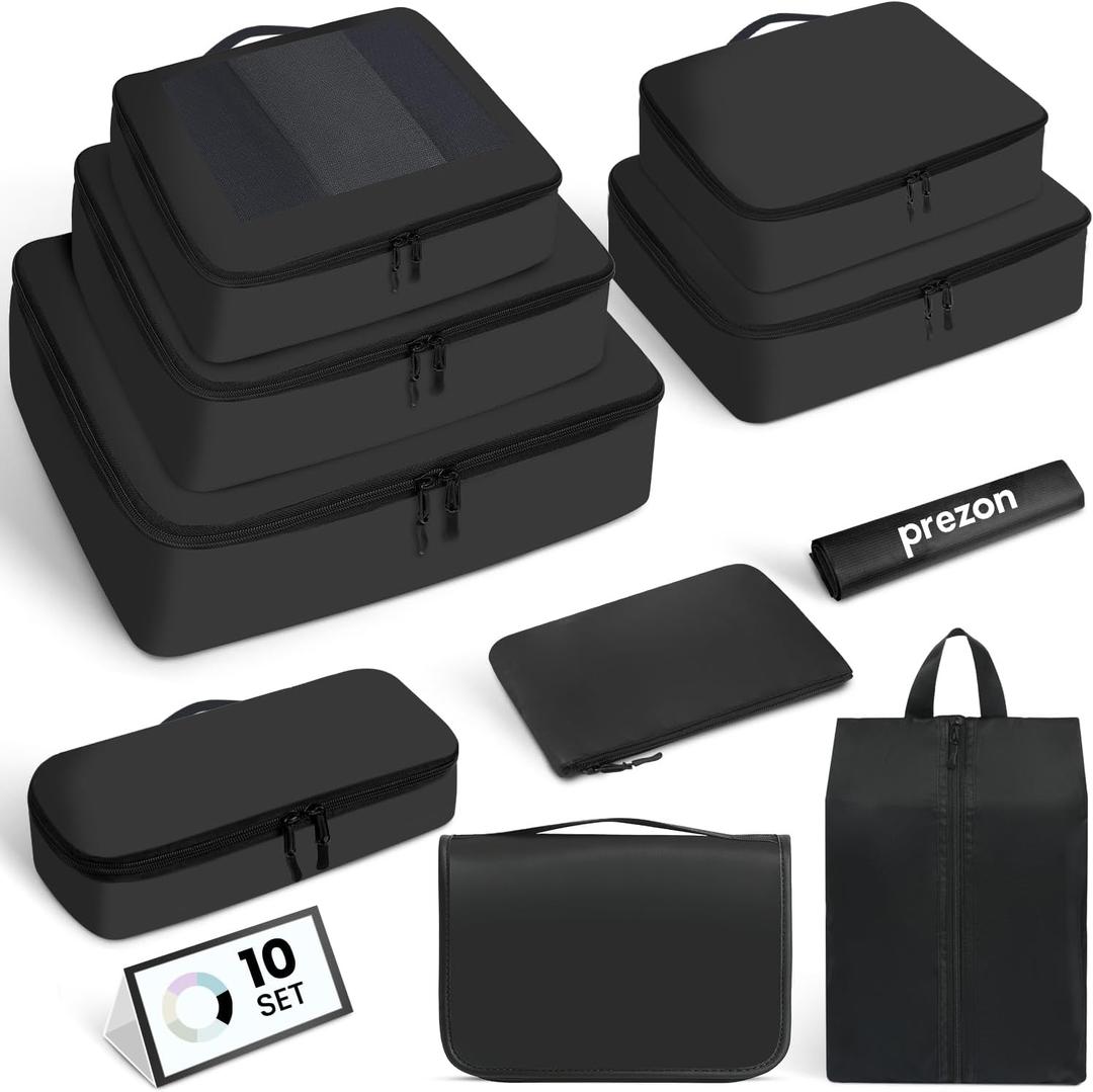 Packing Cubes for Travel | 10 Set, 8 Set |Durable Luggage Organizer 4 Size(Extra Large, Large, Medium, Small),Comprehensive Cubes for Toiletry,Underwear, Shoe,Travel Essentials,Efficient Women Gifts (Black)