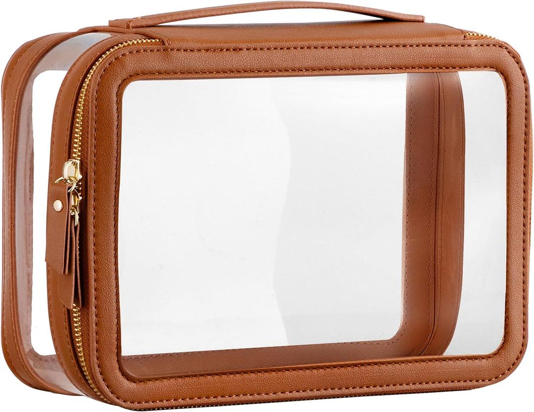 HBlife Clear Makeup Bag Organizer, Portable Travel Toiletry Cosmetic Bag Case for Women, Large Make Up Bag Makeup Train Case Transparent Storage Bag Pouch with Handle(Brown)