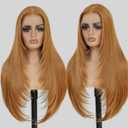 13x4 Synthetic Lace Front Wigs Pre Plucked 26 Inch Long Layered Ginger Straight Wigs For Women 100% Futura Premium Fiber Ready to Wear Wig With Bangs Beginner Friendly Daily Party Use
