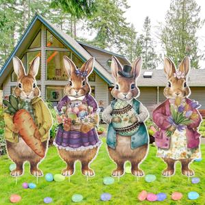 Menkxi 4 Pcs Easter Decorations Outdoor Yard Signs Large Metal Vintage Bunny with Carrot Eggs Flowers Rustic Yard Decoration with Stakes Lawn Garden Decor for Family Home Outside Spring Easter Party