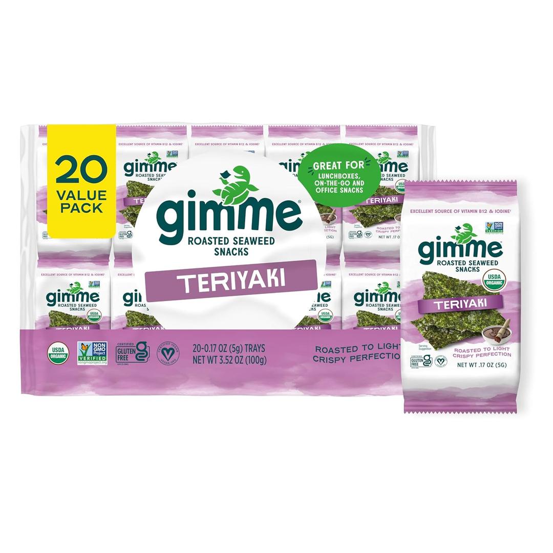 Gimme Seaweed Organic Premium Roasted Seaweed Snacks, Teriyaki, 20 Count, Keto, Vegan, Gluten-Free, Great Source of Omega3s and Iodine, Healthy On-The-Go Snack for Kids and Adults (EXP 07/06/26)