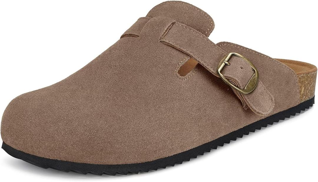 Womens Suede Clogs Mens Genuine Leather Mules Cork Footbed Sandals with Arch Support (Dark Brown), 48
