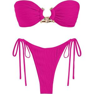 ZAFUL Metal Ring Bandeau Bikini Set Tie Side Bathing Suit High Cut 2 Piece Swimsuit Cutout Swimwear Rose Red Small