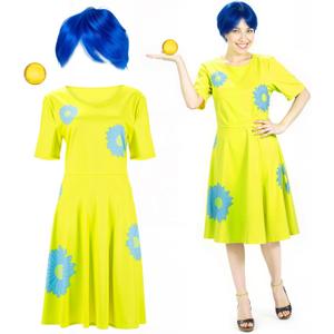 Chuangdi 3 Pcs Halloween Costume Set Include Short Blue Wig Yellow Movie Party Dress Crystal Ball for Women (XX-Large)
