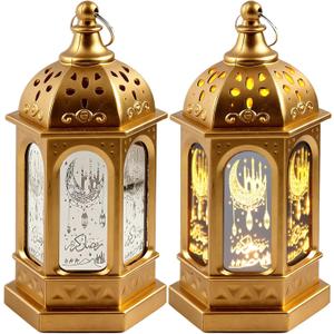 2PCS LED Ramadan Lantern Lights Gold Moon Castle Meteor Design for Eid Mubarak Gifts Home Decorations Table Wall and Eid Centerpieces Gold