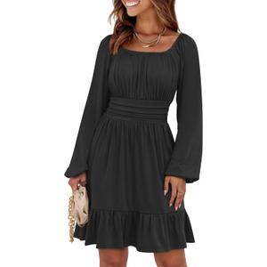 ANRABESS Womens Dress Long Lantern Sleeve Square Neck Elastic Waist Ruffle Flowy Swing A-Line Short Dresses 2025 Fall Fashion Black, XX-Large