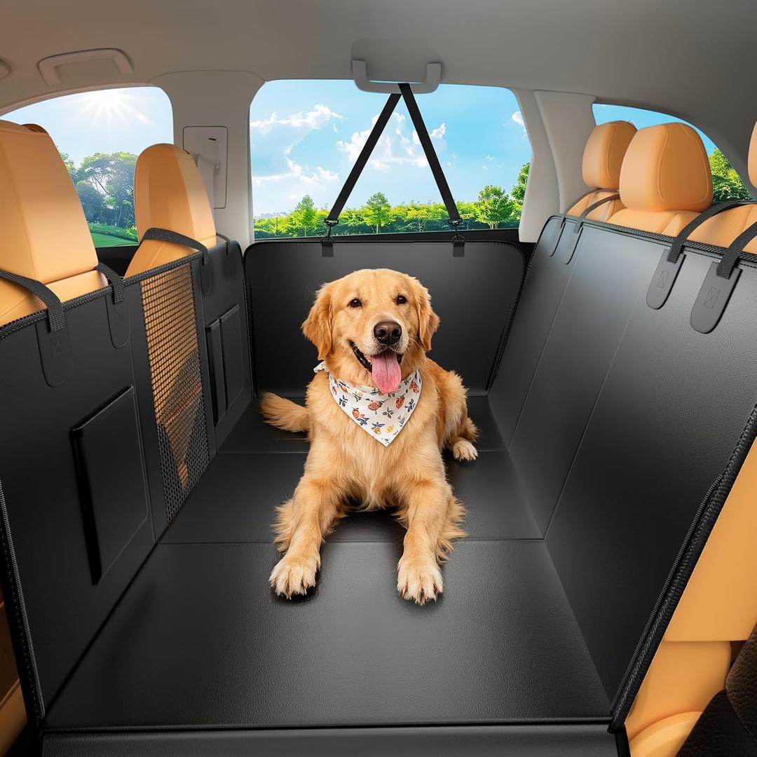 Dog Car Seat Cover for Back Seat, 52"x65" Waterproof Hard-Bottom Hammock with Side Flaps, Heavy-Duty 450lbs, Non-Slip & Scratch-Proof PU Leather Protector for SUV, Truck & Sedan Black