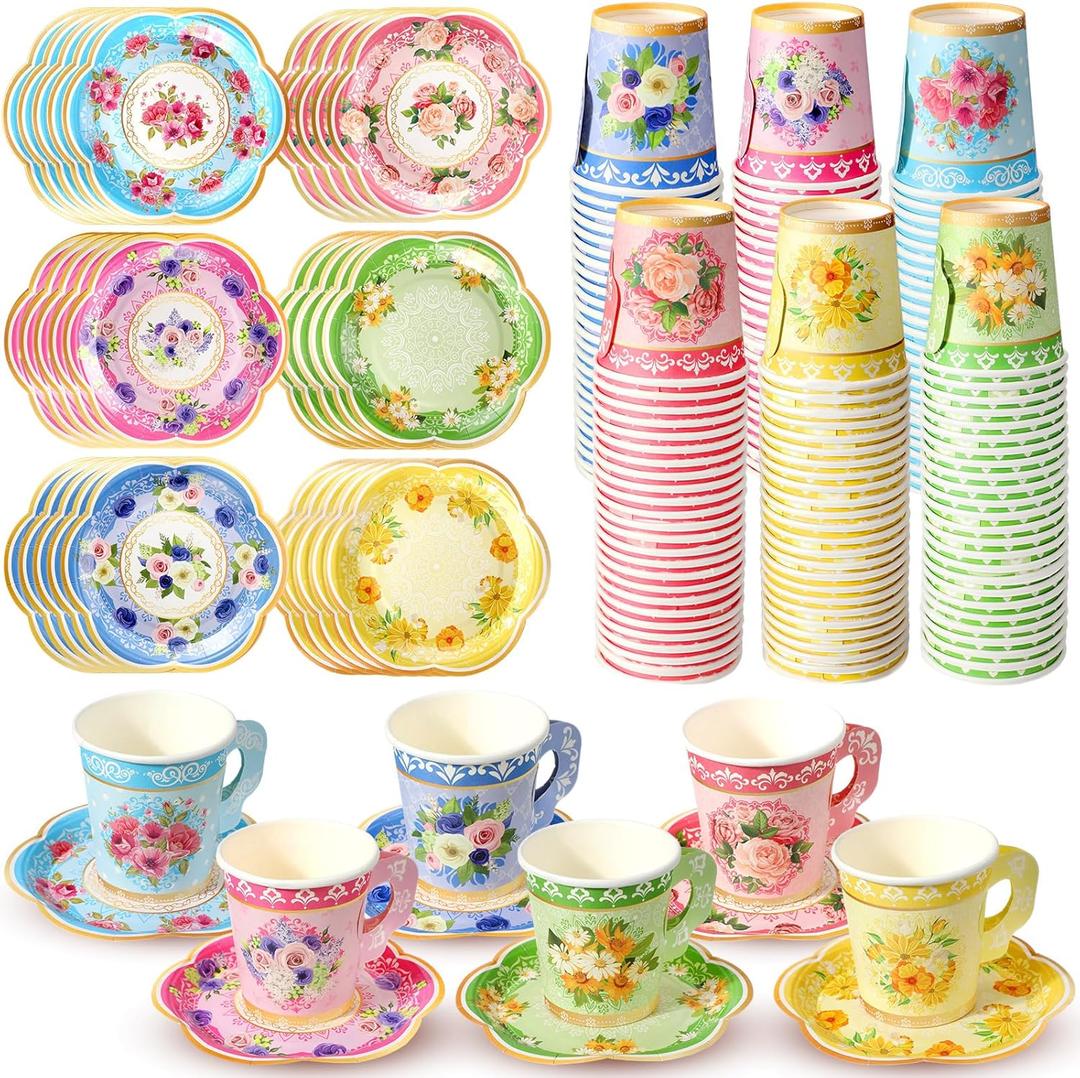 Nuogo 300Pcs Floral Paper Tea Cups and Saucers 7 OZ Disposable Tea Cup with Handle and Plates for Garden Party Supplies Wedding Birthday Baby Shower Bridal Mother's Day, Serve 150 Guest(Fresh Color)