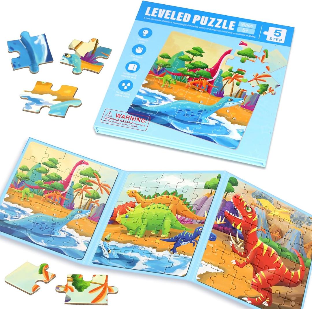 Magnetic Puzzles for Kids Ages 4-8, 3 in 1 Dinosaurs Magnet Jigsaw Puzzle Book, Toddlers Travel Puzzles Toys, Preschool Learning Toy for Kids 3-8 Year (Dinosaurs Wold)
