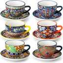 vancasso 8 oz Cappuccino Cups with Saucers Set of 6, Bohemian Ceramic Coffee Cup for Latte, Tea, Espresso, Microwave & Dishwasher Safe - Porcelain Latte Mugs for Kitchen or Cafe